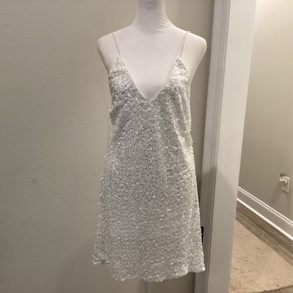 Nwt Lulus Force Of Fashion White Backless Sequin Mini Slip Dress M Bachelorette